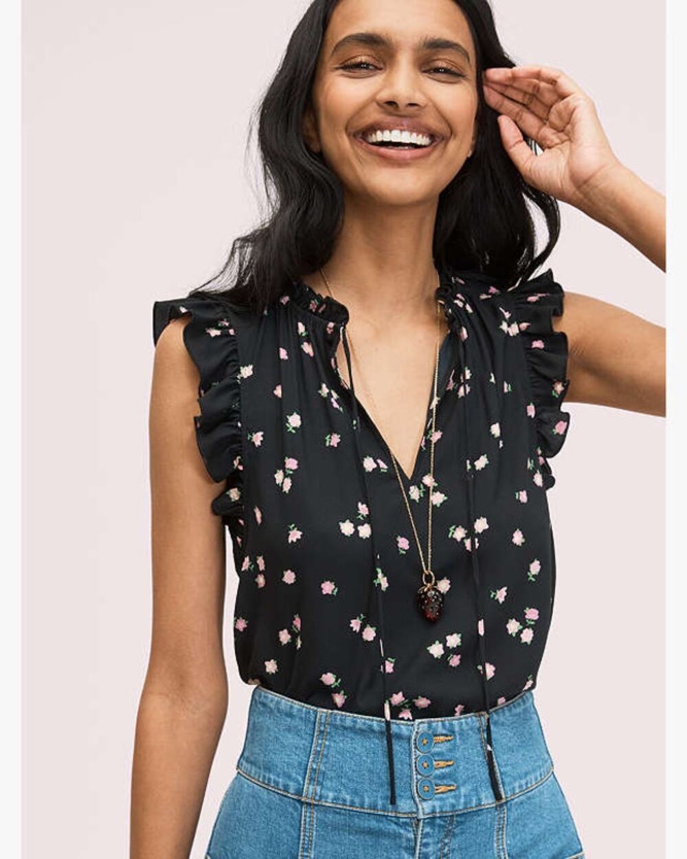 Kate Spade NY Ditsy Begonia Tie-Neck Ruffle Shell Top Black/Pink Women Small